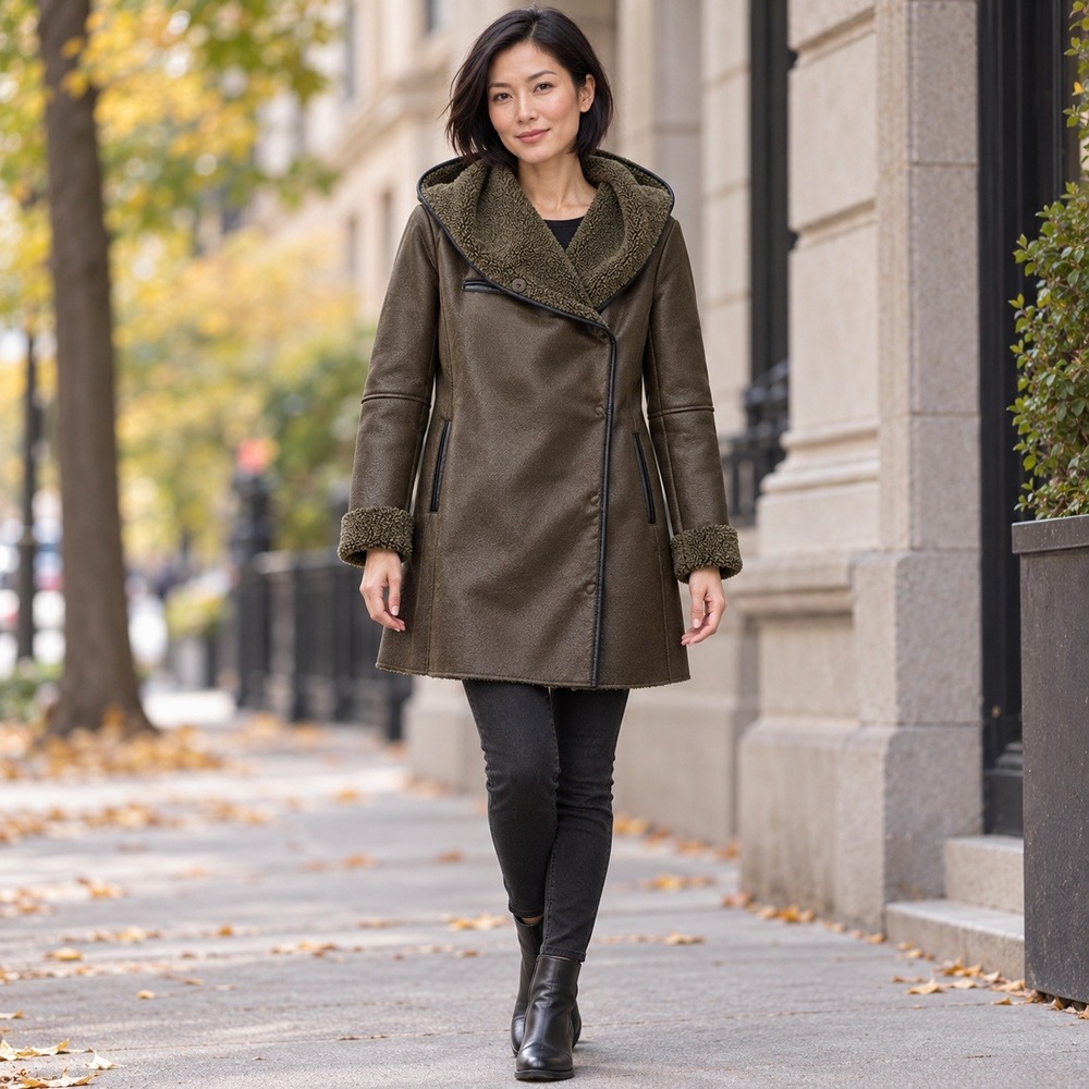 Sam Edelman Sydney Hooded Faux Shearling Moto Coat Olive XS NWT